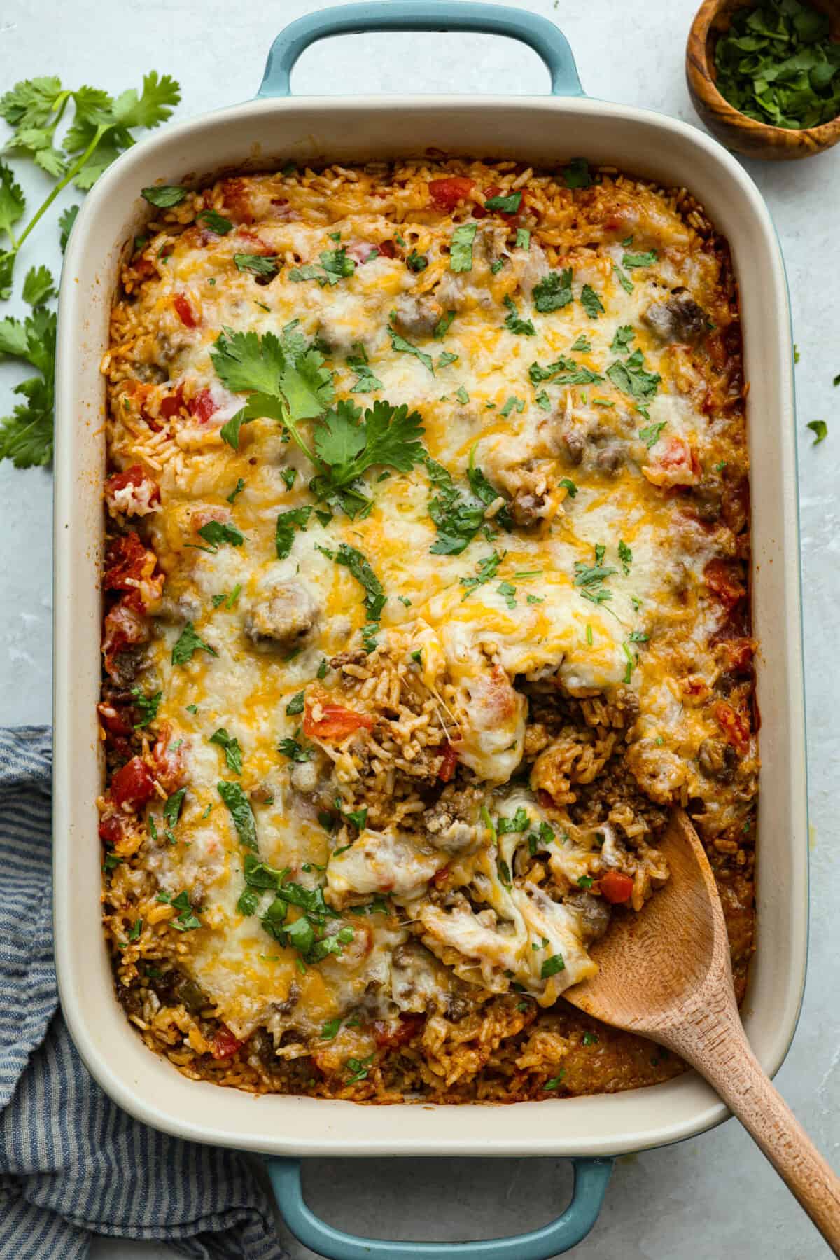 Casserole dish of dump and go taco rice. 