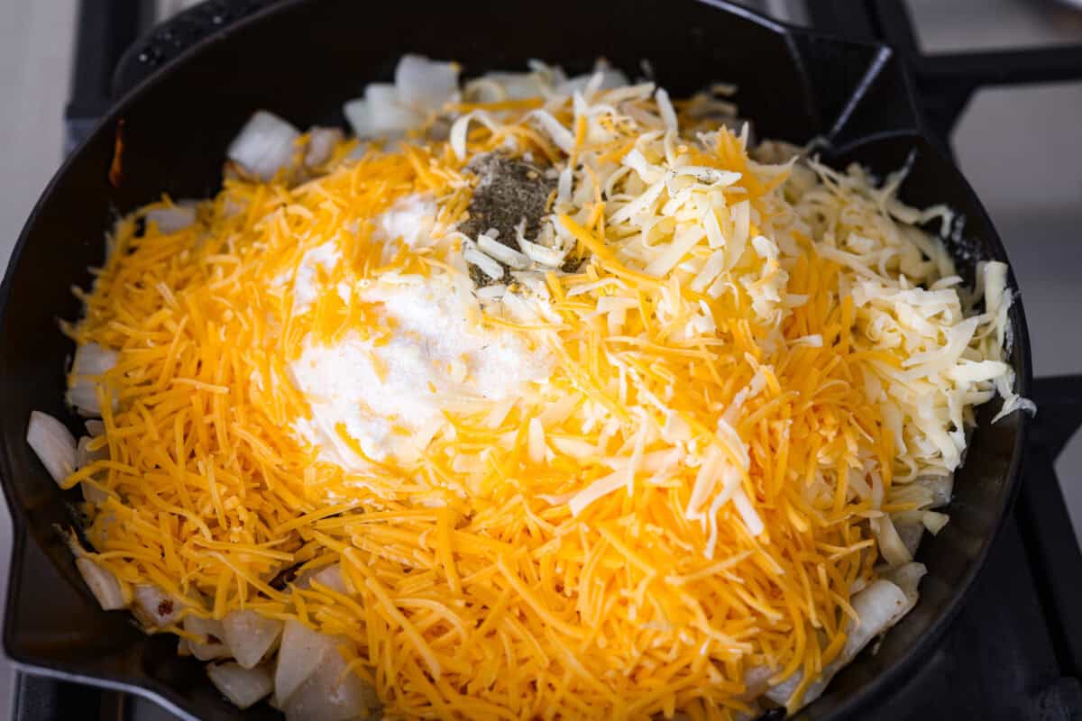Cheese and seasonings added to the chopped onions. 