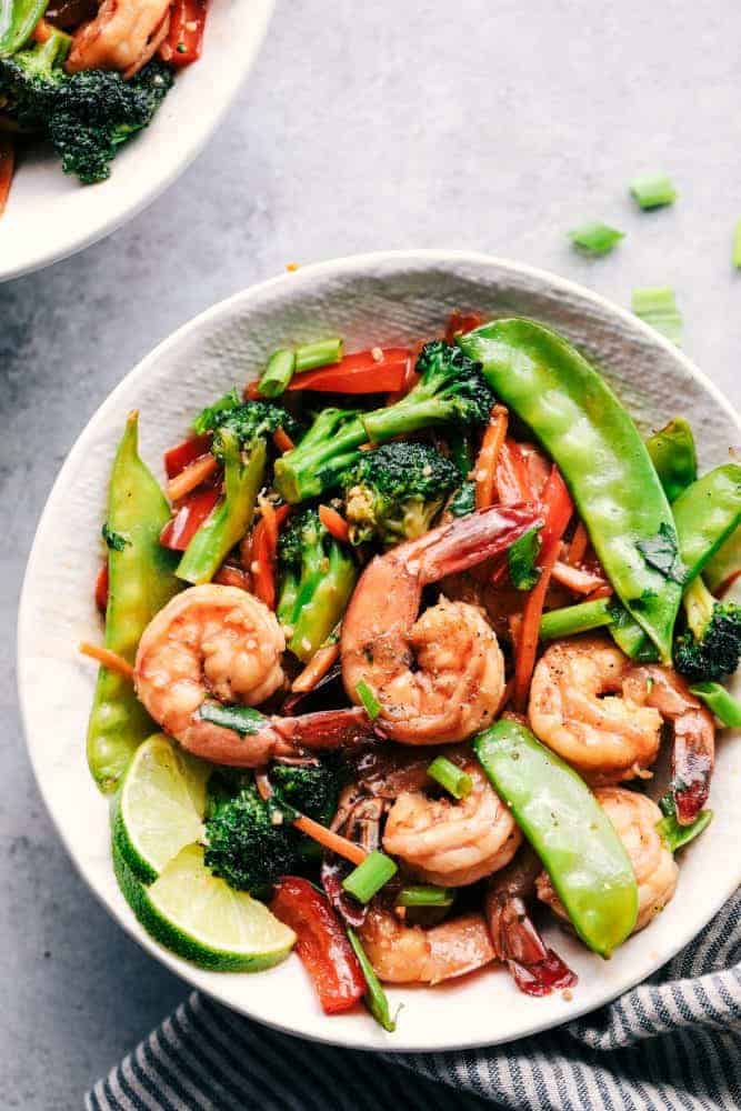 Garlic shrimp stir fry served in a bowl. 