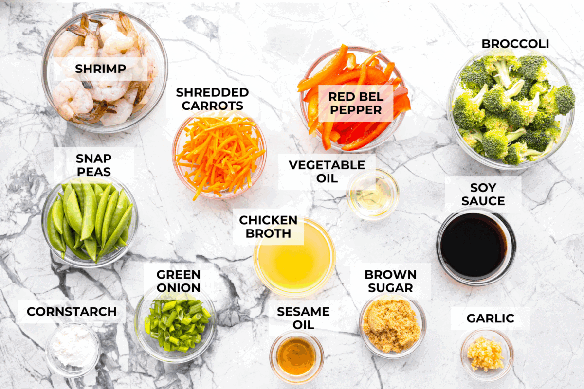 Overhead shot of labeled ingredients.