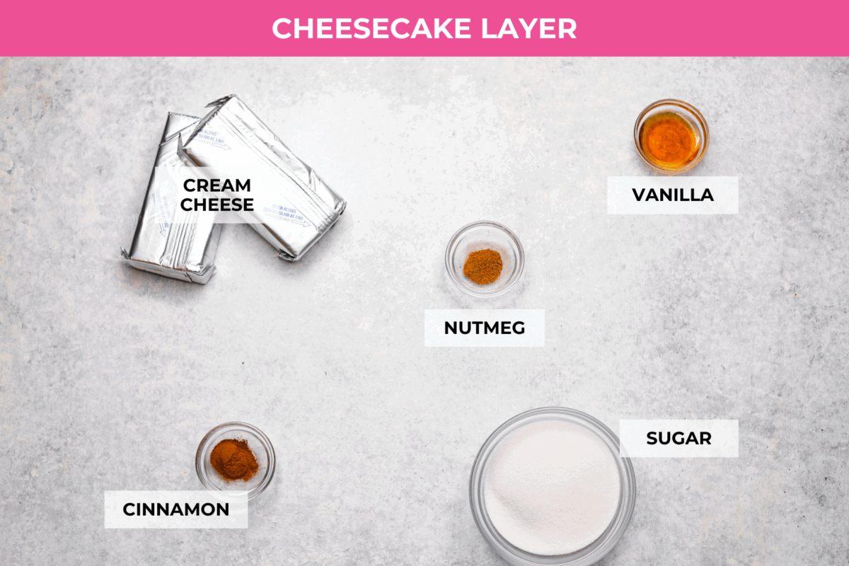 Overhead shot of the labeled ingredients for the cheesecake layer. 