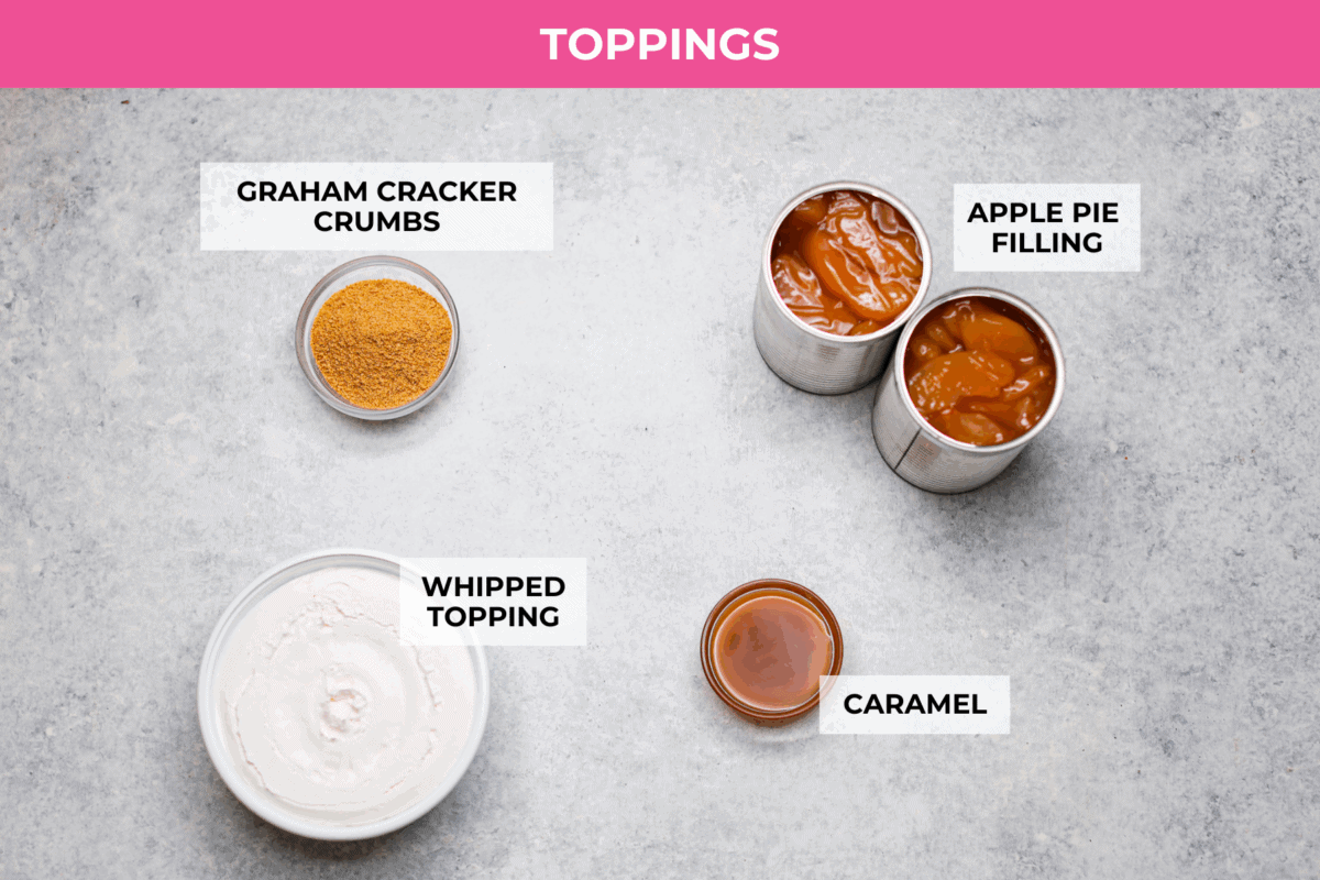 Overhead shot of the labeled ingredients for the topping layer. 