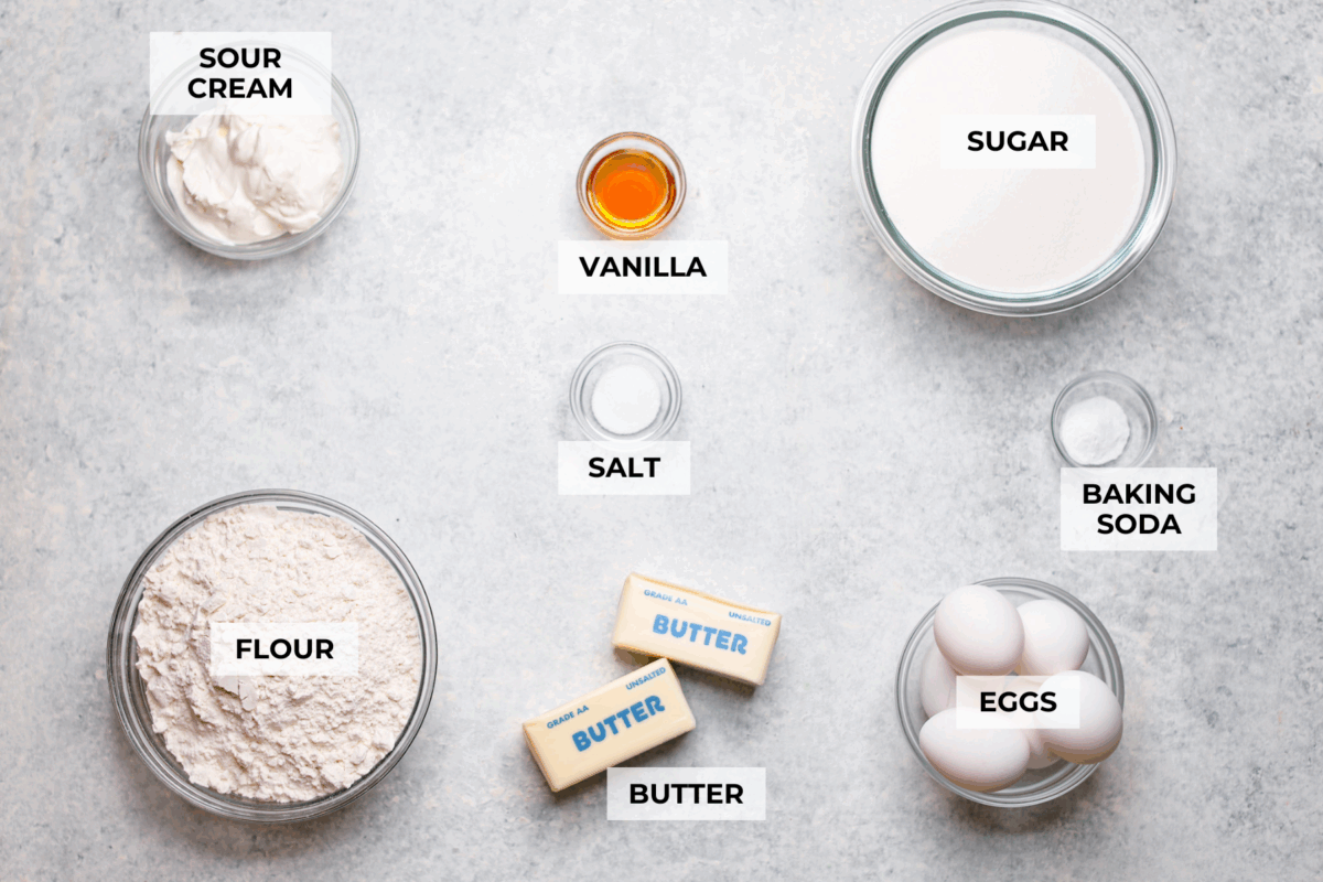 Overhead shot of labeled ingredients.