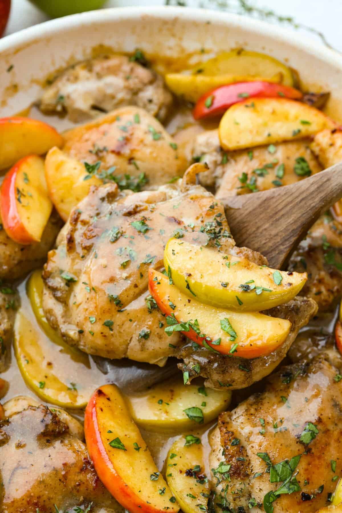 Close up shot of the apple cider chicken thighs.