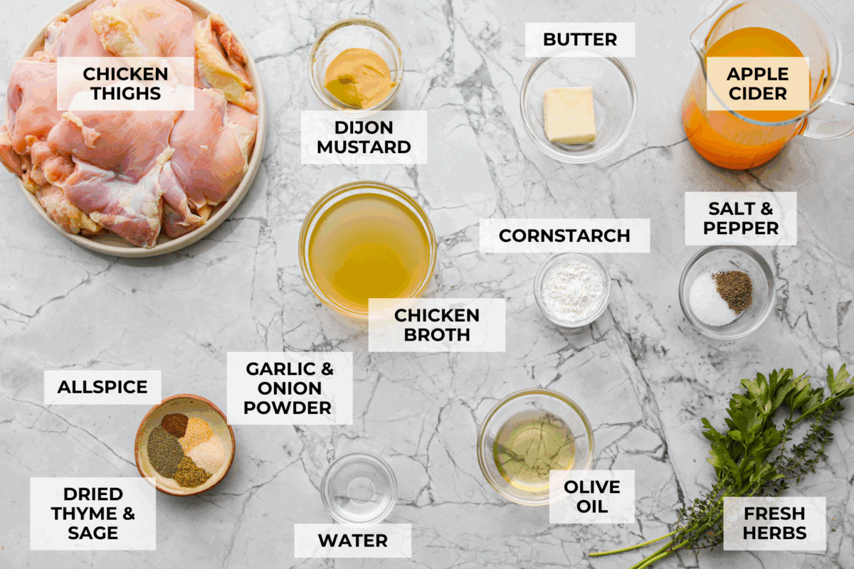 Overhead shot of labeled ingredients.