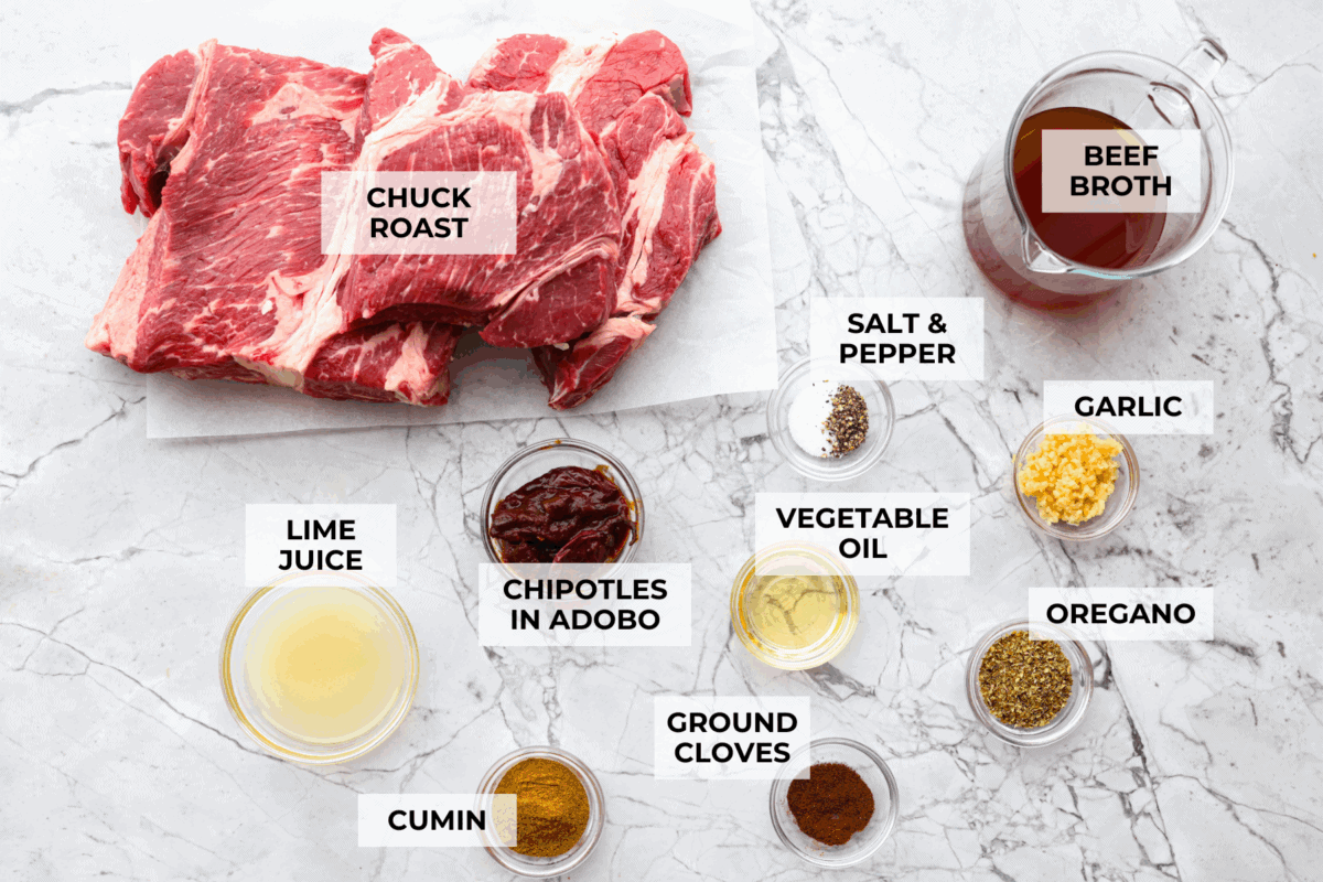 Overhead shot of labeled ingredients. 