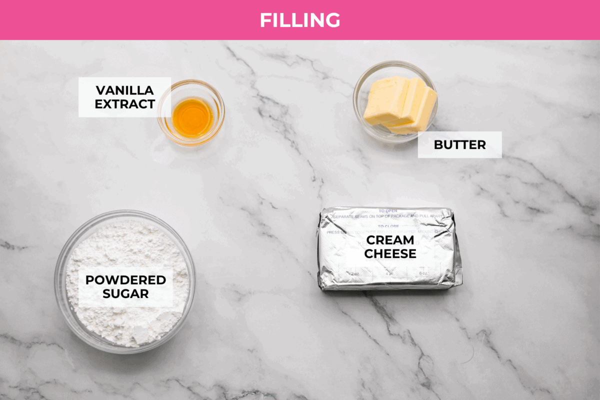 Overhead shot of labeled cream cheese filling ingredients. 