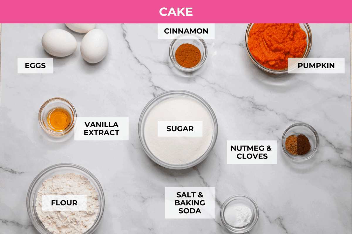 Overhead shot of labeled pumpkin roll ingredients. 