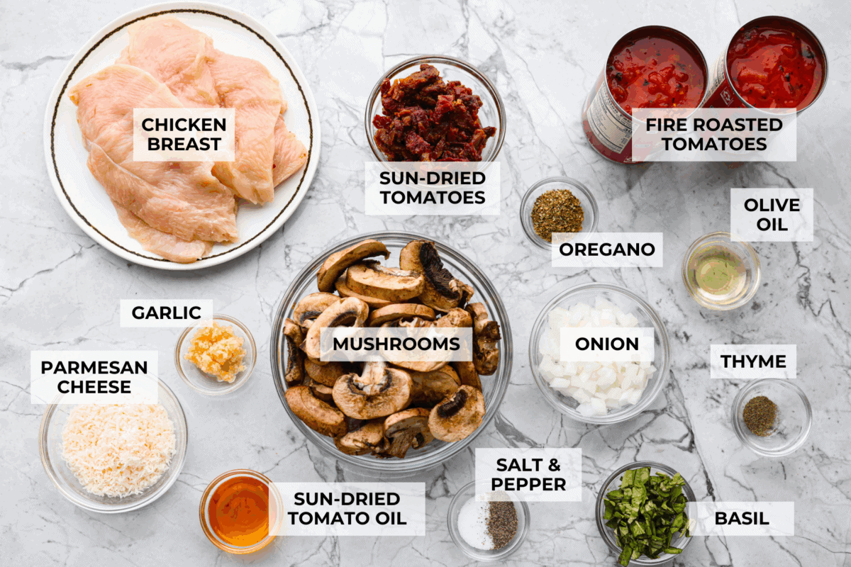 Overhead shot of labeled ingredients. 