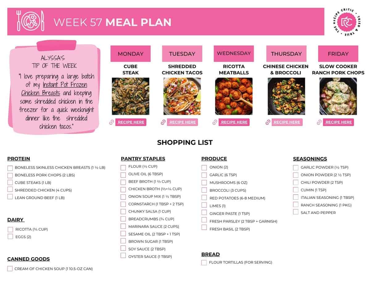 Picture of the free printable shopping lis for the weekly meal plan. 