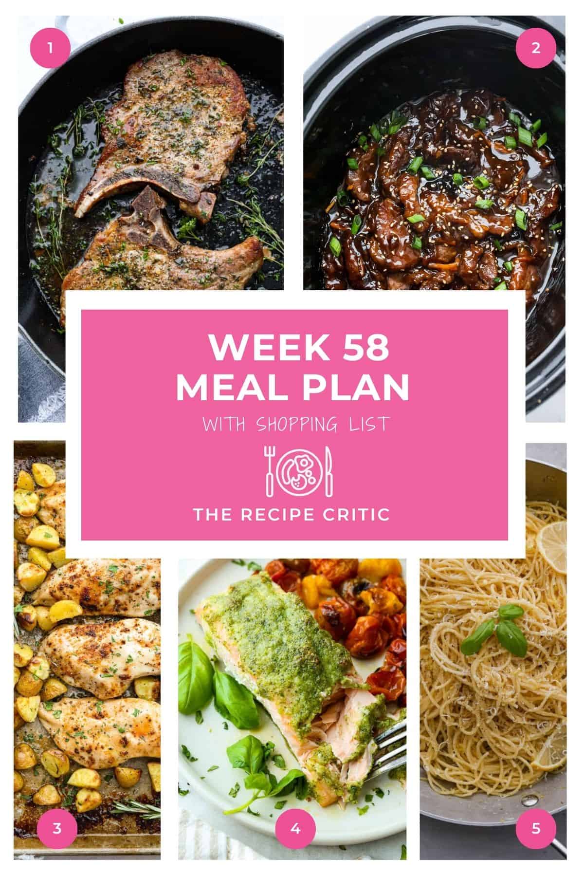 Collage of hero shots of this weeks meal plan meals. 