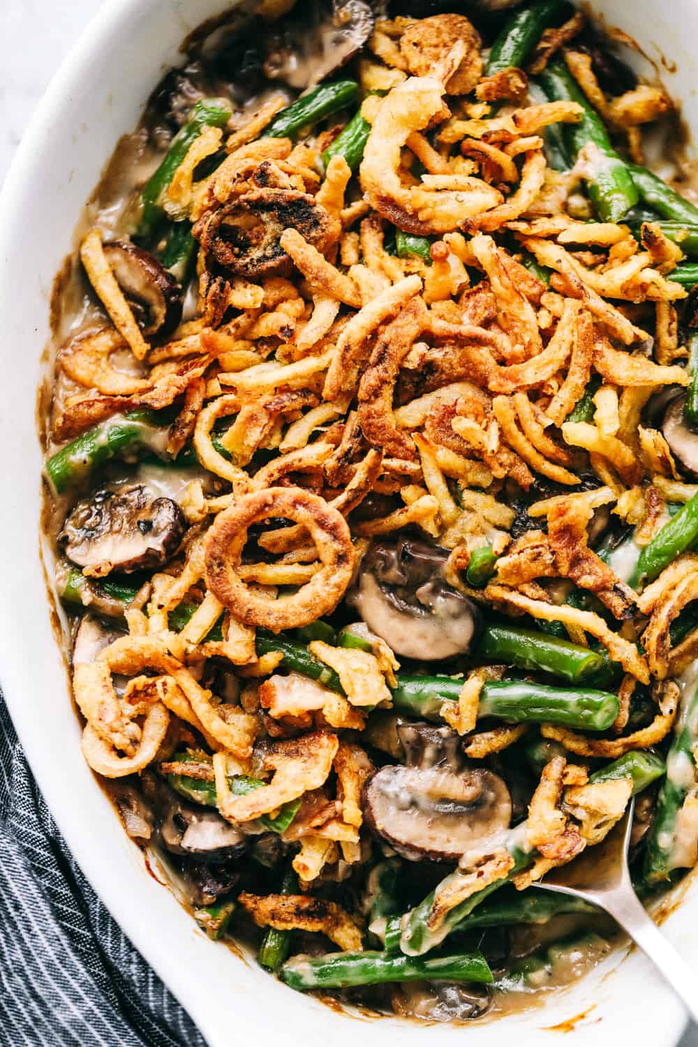A close up of green bean casserole. 