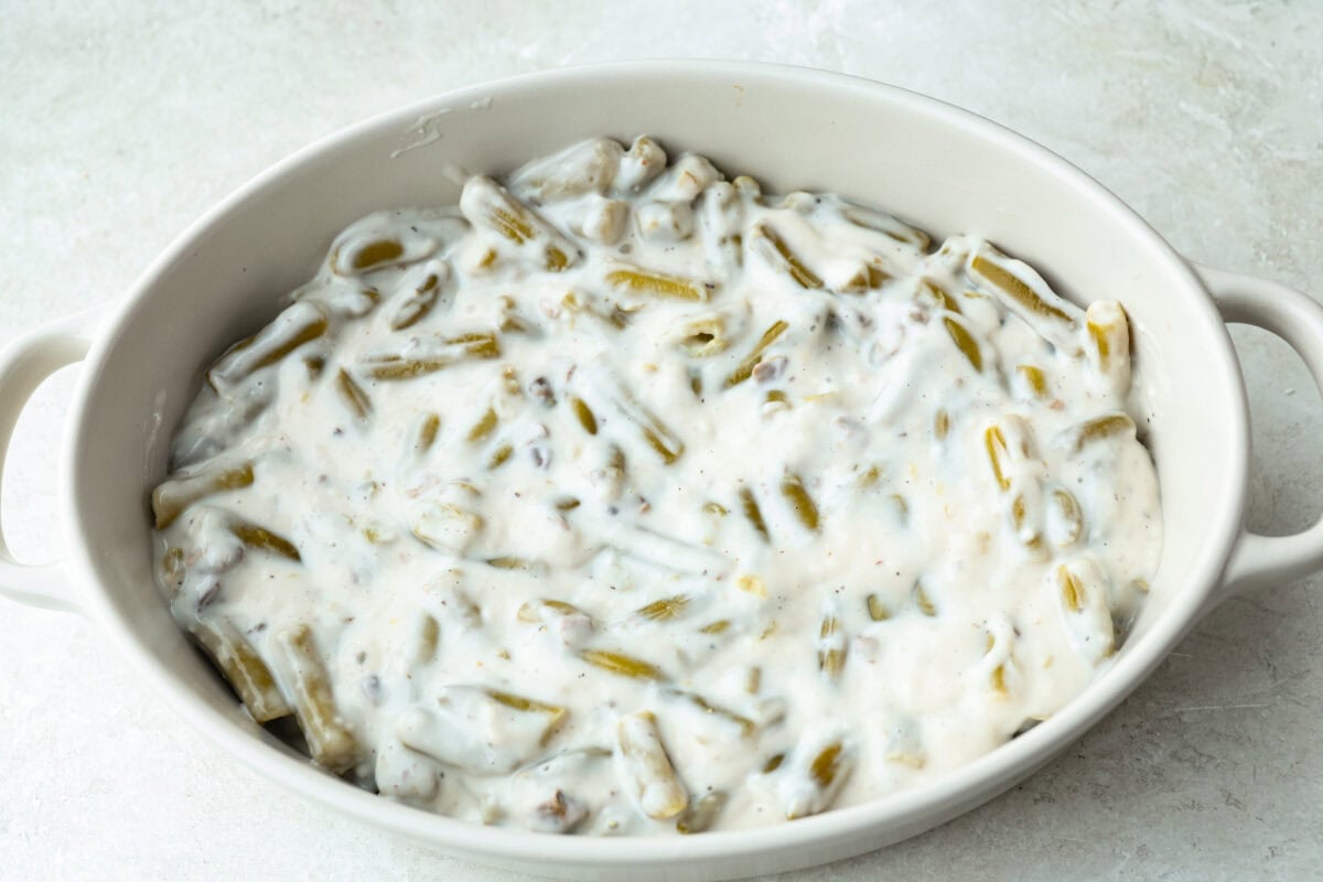 Ingredients added to the baking dish. 