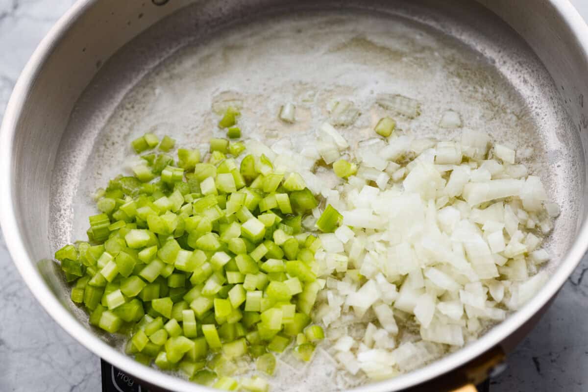 Vegetables cooking in a pan.