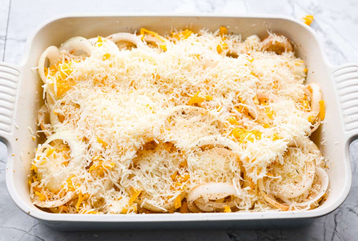 Cheese spread over the top of the onions. 