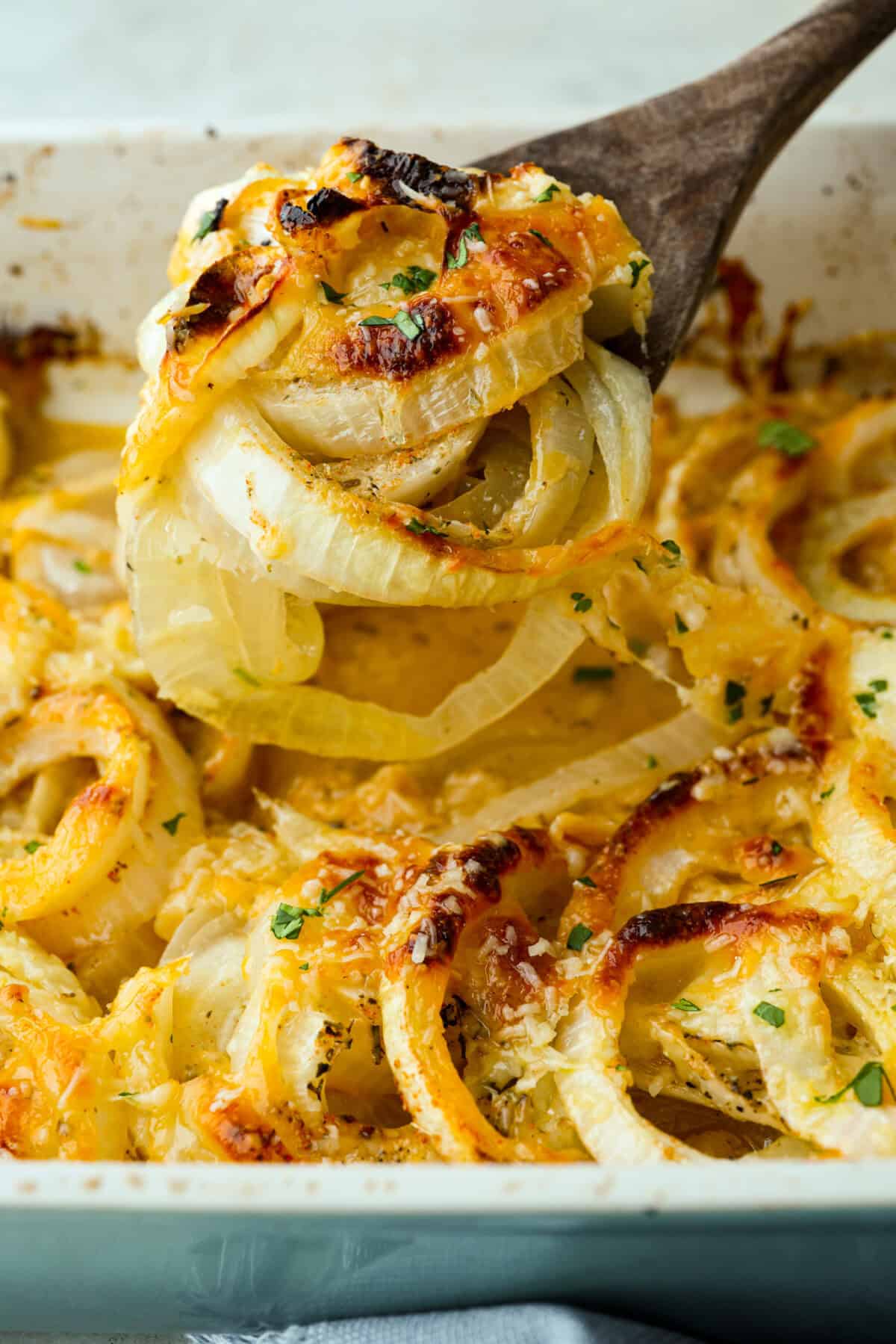 Close up of a scoop of Tennessee onions. 