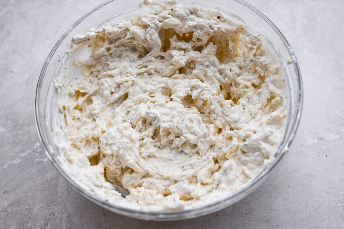 All of the garlic bread dip ingredients mixed together. 