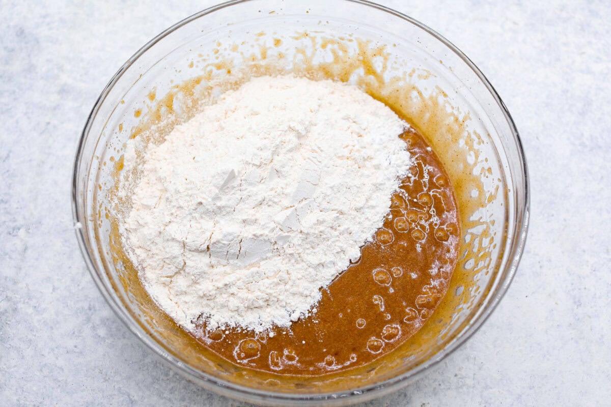 Dry ingredients added to the wet ingredients.