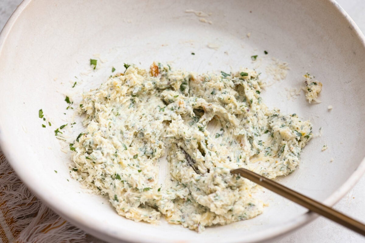 Roasted garlic mixed with butter, and herbs. 