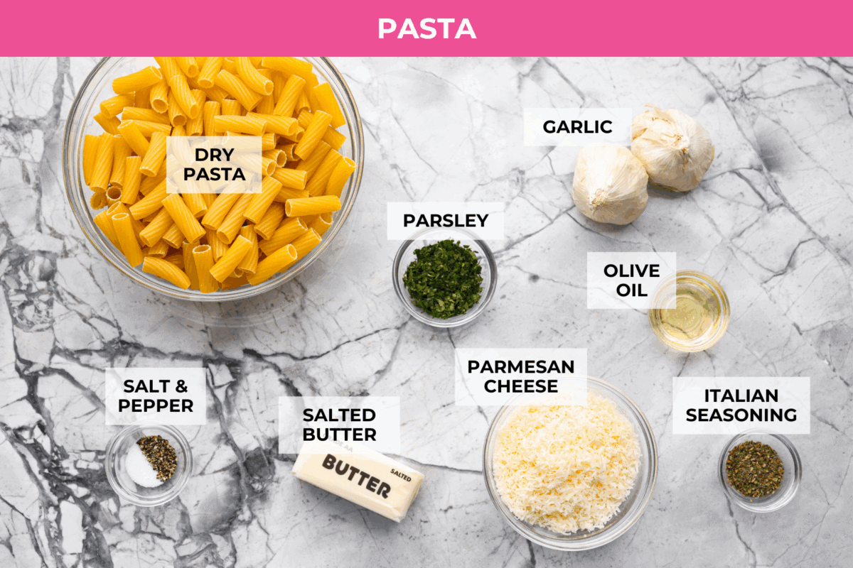 Overhead shot of labeled pasta ingredients. 