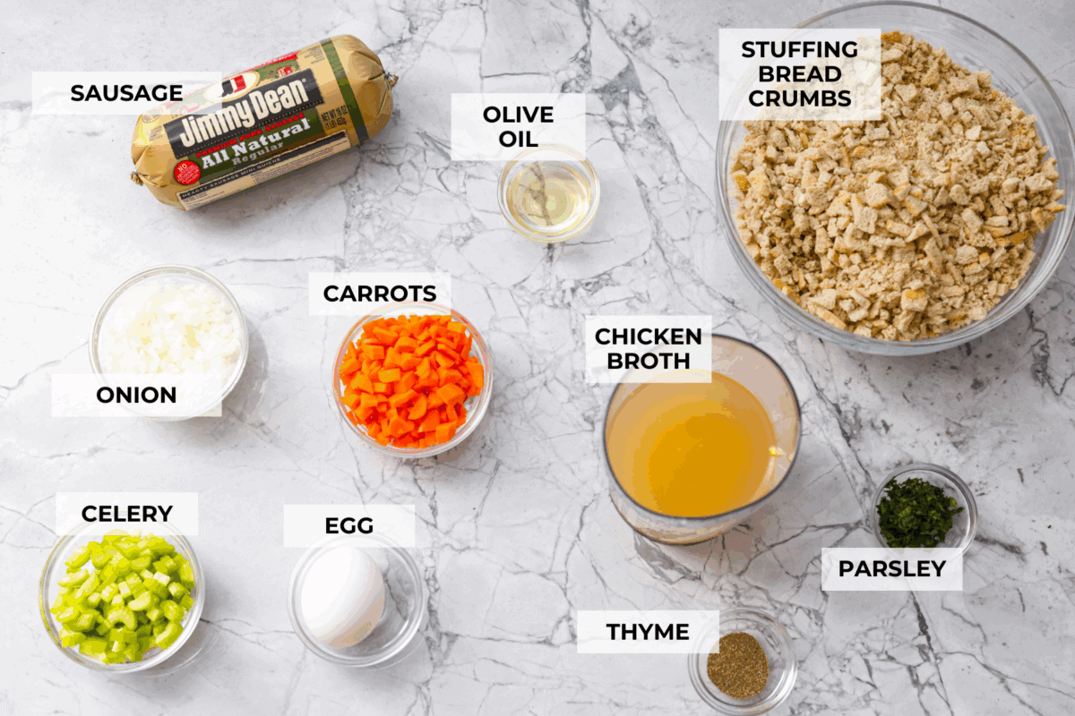 Overhead shot of labeled stuffing balls ingredients. 