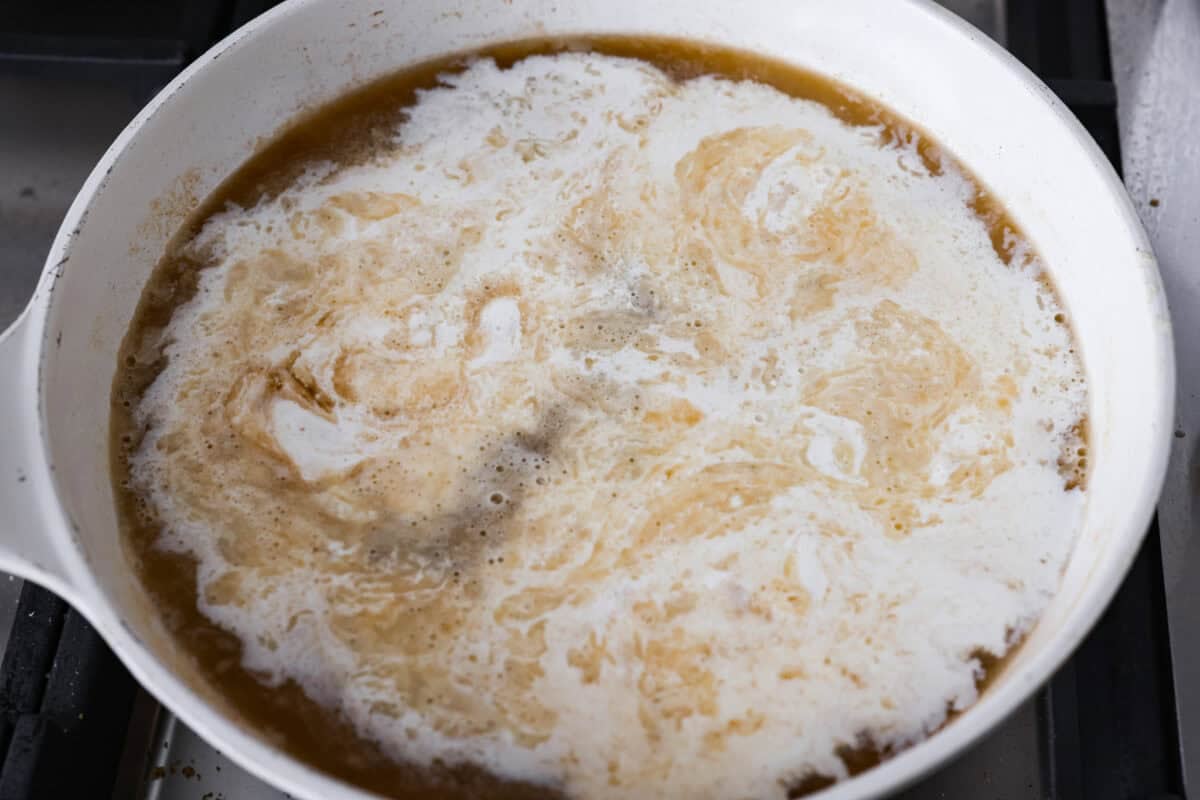 Broth, cream and a couple ingredients added to the roux. 