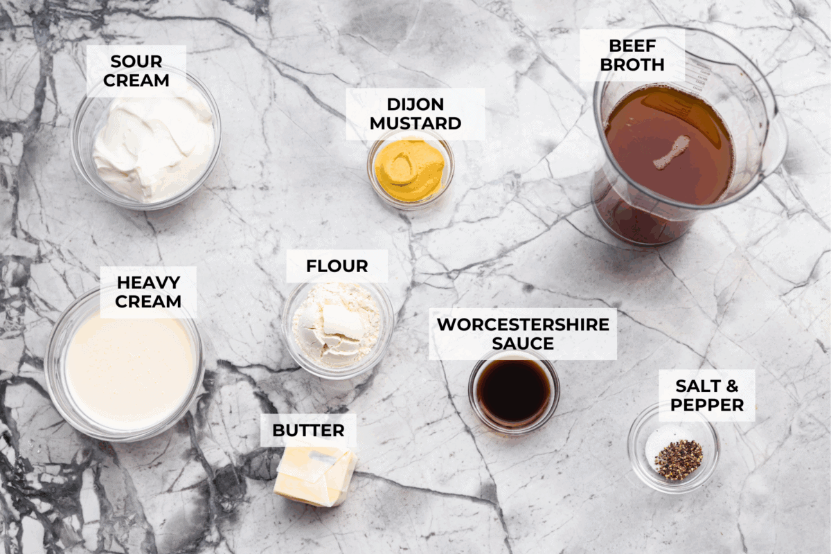 Overhead shot of labeled sour cream gravy ingredients. 