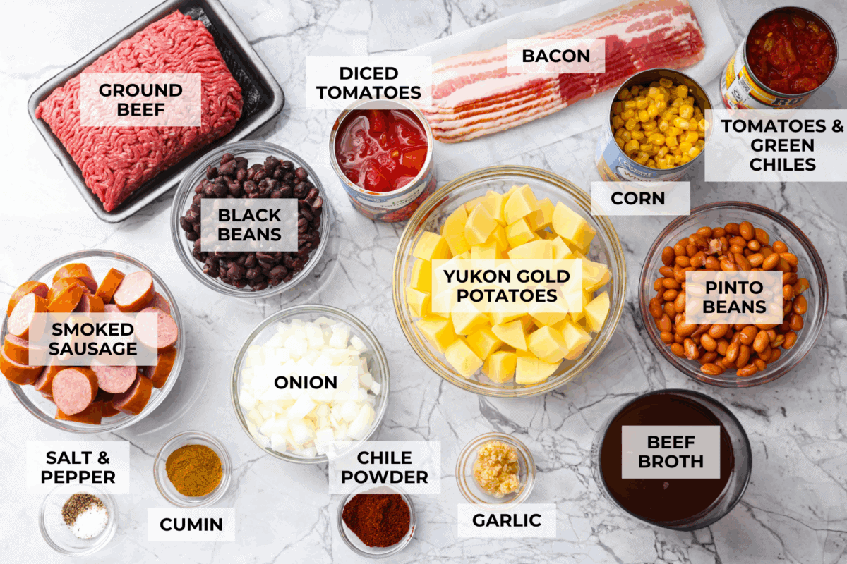 Overhead shot of labeled Texas cowboy stew ingredients. 