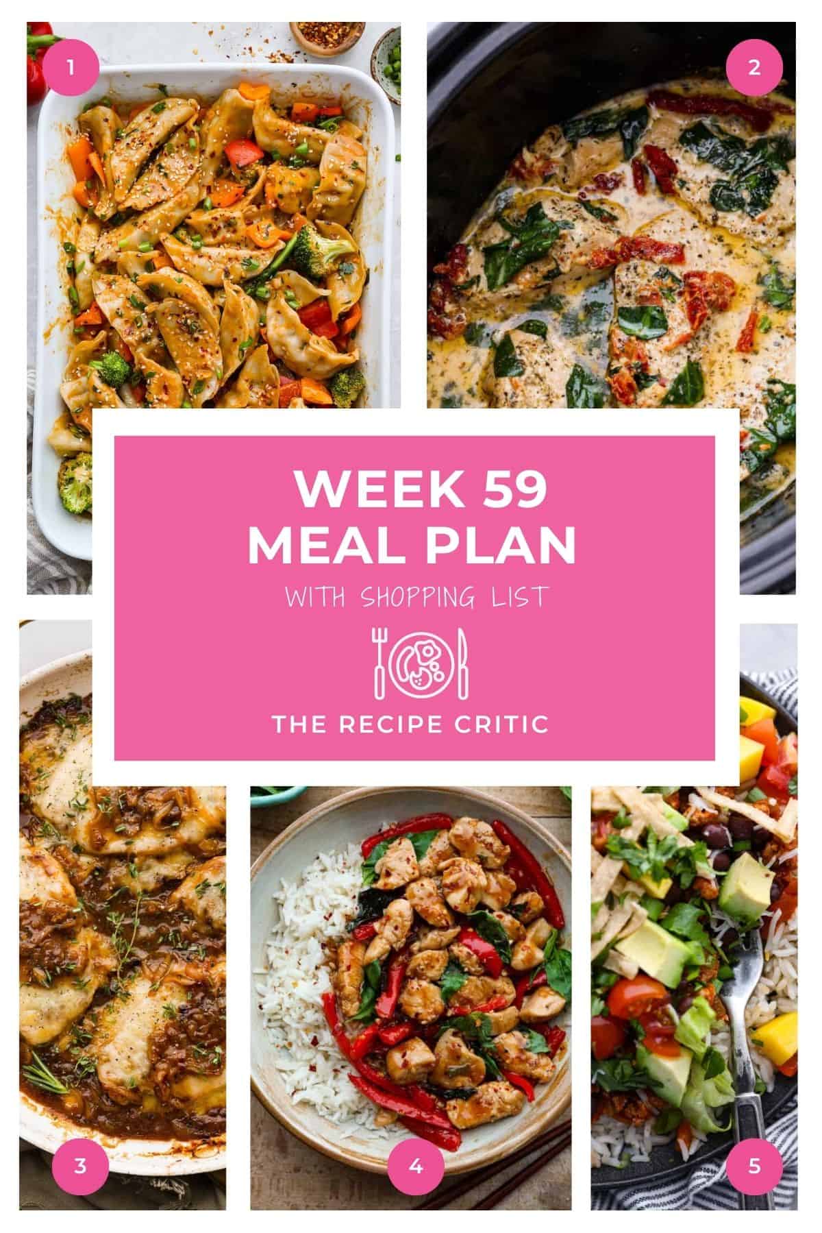 Collage of images from the dinners for this weekly meal plan.