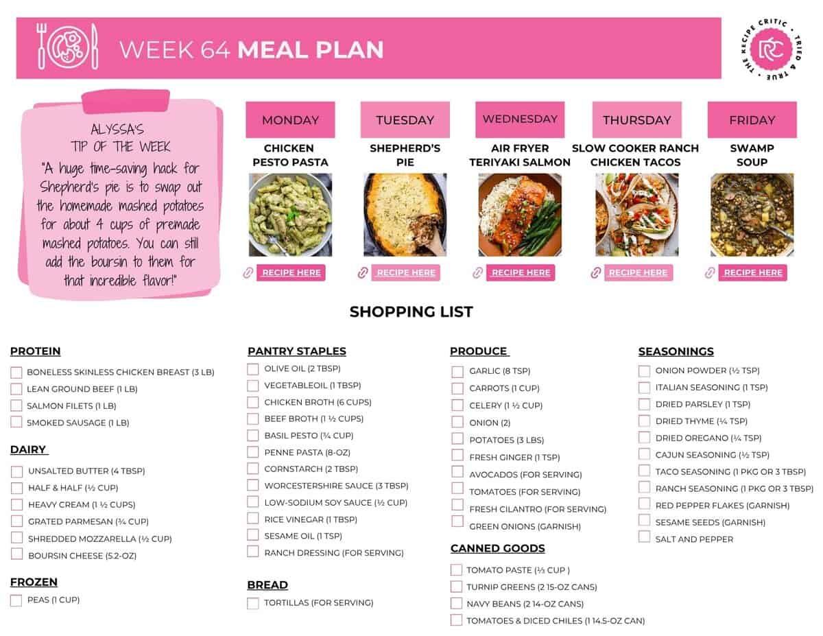 Image of the free shopping list for the weekly meal plan.