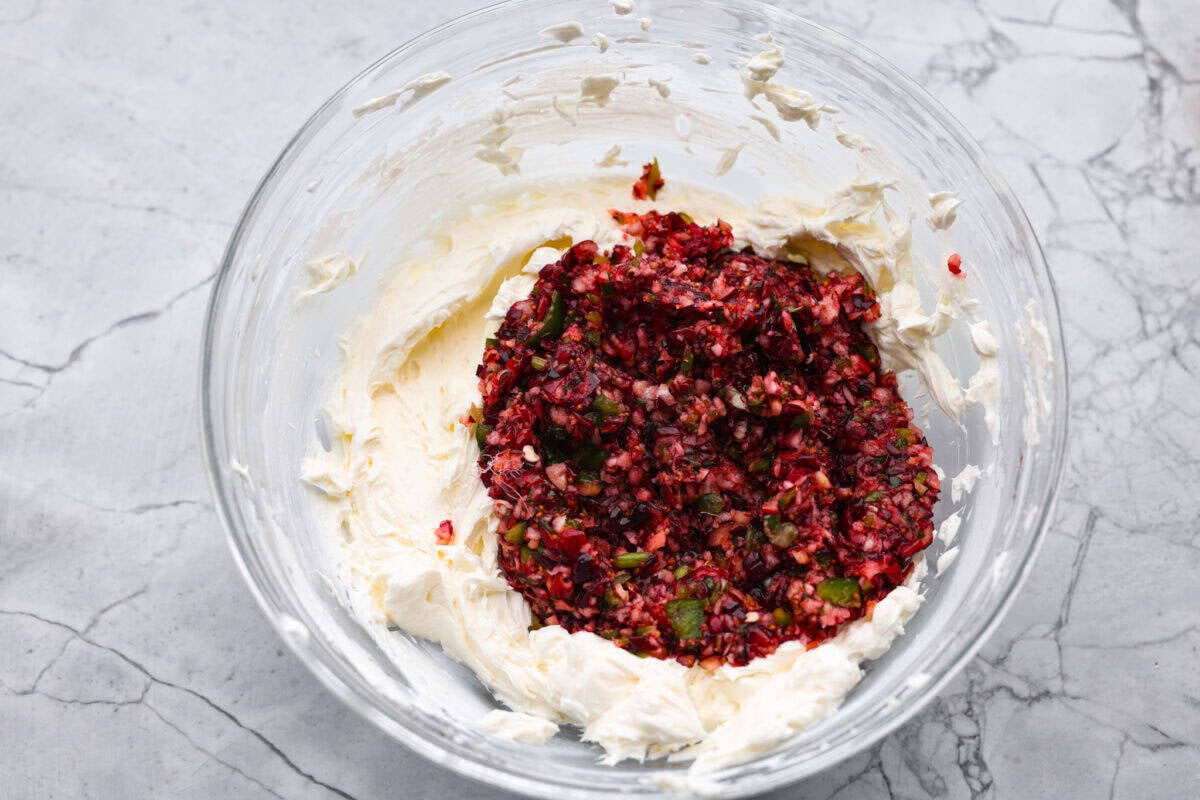 Cranberry mixture added to the cream cheese mixture. 
