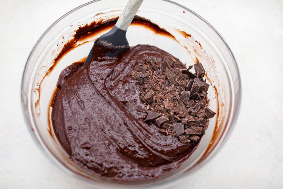 Chocolate chunks added to the chocolate muffin batter. 