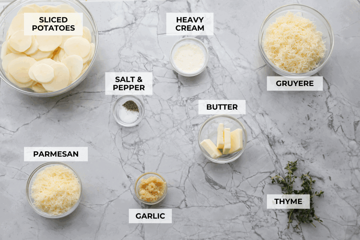 Overhead shot of labeled ingredients. 