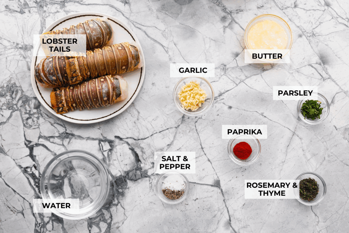 Overhead shot of labeled instant pot lobster ingredients.