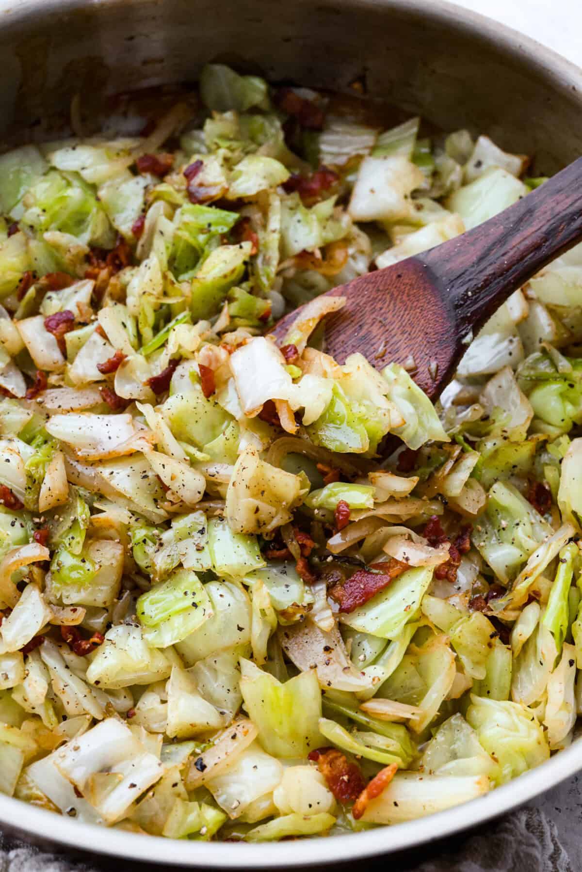 Close up shot of fried cabbage cooked and ready to serve. 