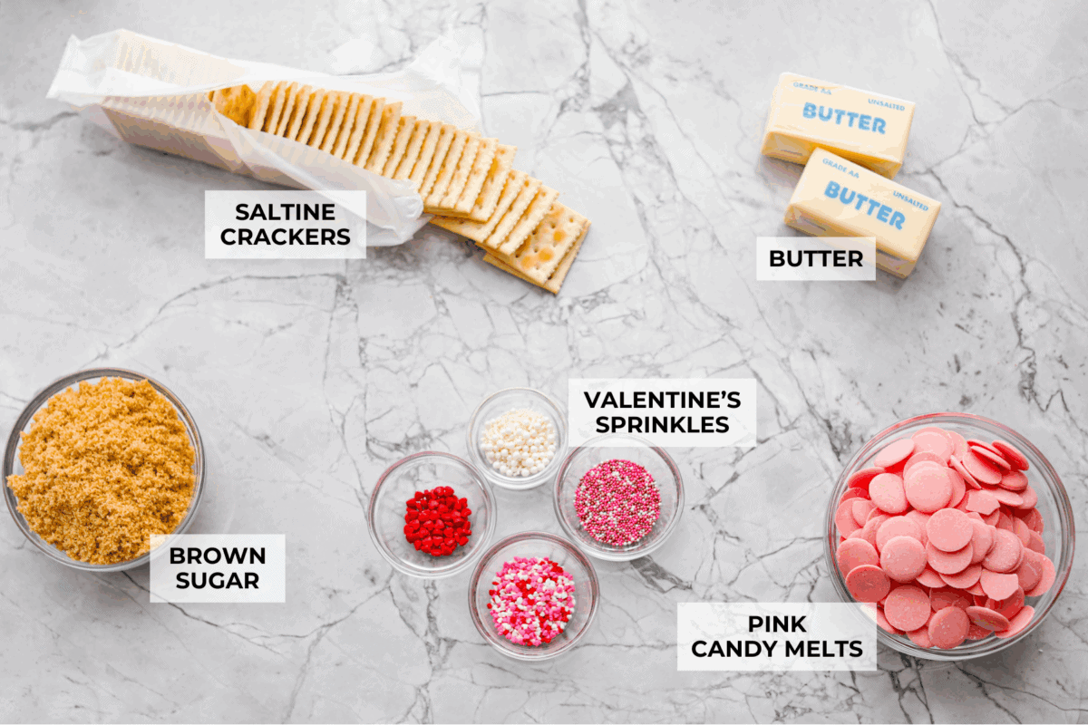 Overhead shot of labeled ingredients. 