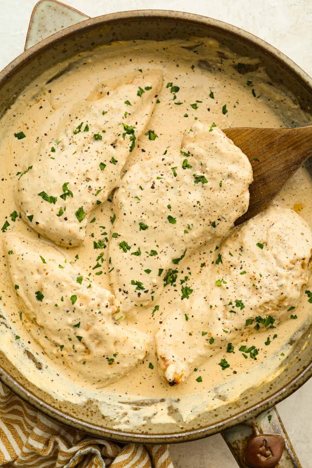 Cream cheese chicken in the pan. 