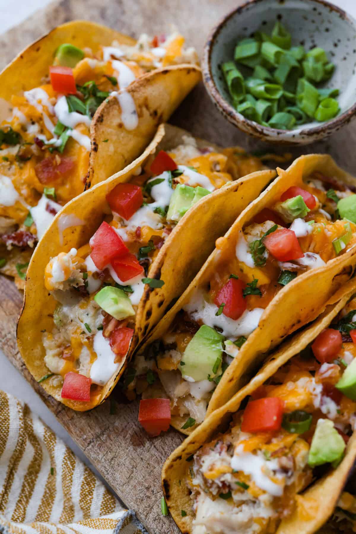 Close up of crack chicken tacos. 