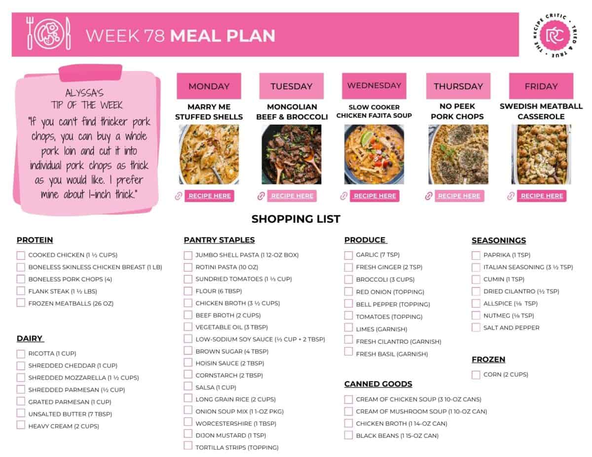 Image of the free printable shopping list for this weekly meal plan.