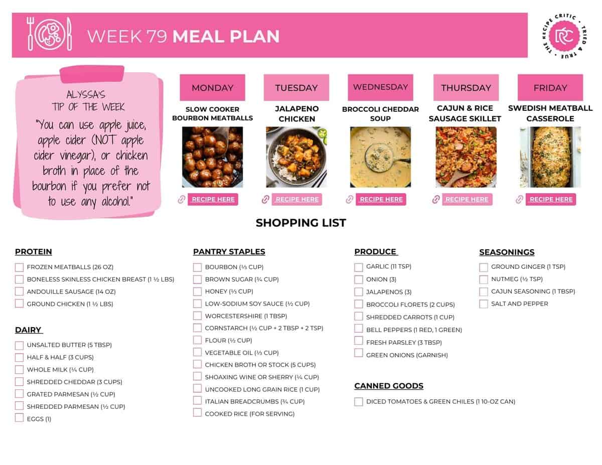 I planned dinner, so you don’t have to! This weekly meal plan includes easy dinners plus a free shopping list! If you want to check out the rest of my weekly meal plans, click here. Image of the free shopping list for the weekly meal plan.
