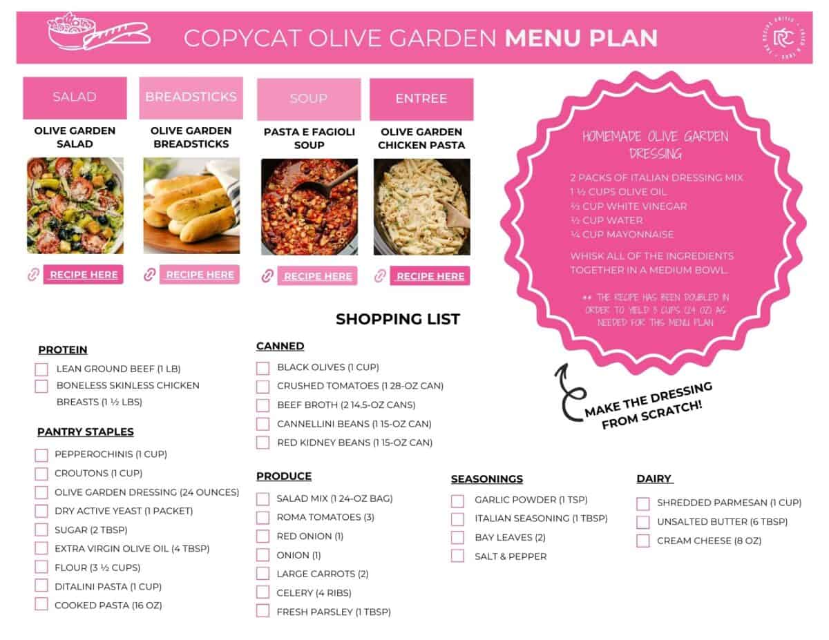 Shopping list for the copycat Olive Garden menu. 