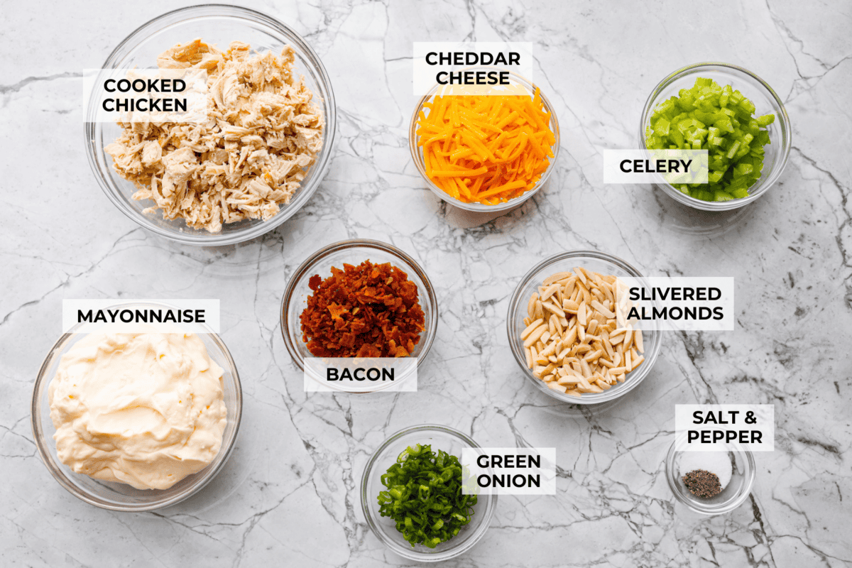 Overhead shot of labeled ingredients. 