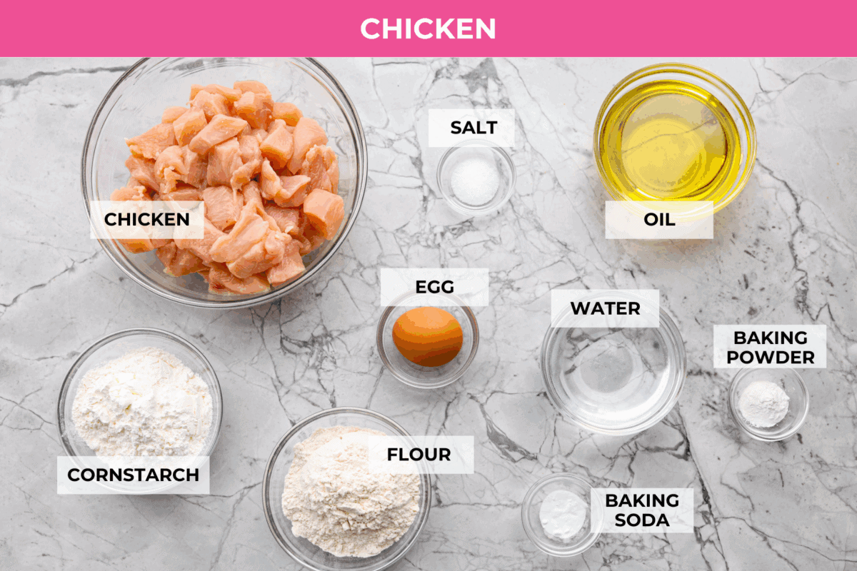 Overhead shot of labeled PF Chang's honey chicken ingredients.