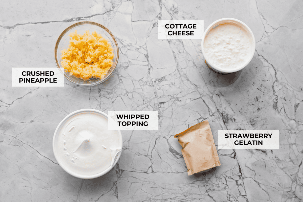Overhead shot of labeled ingredients. 