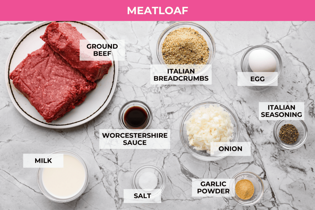 Meatloaf is even better in mini form! These mini meatloaf muffins are tender, flavorful, and topped with a sweet, tangy glaze. They are done in about 25 minutes, making them perfect for an easy dinner I know the kids will love. Overhead shot of labeled meatloaf ingredients.