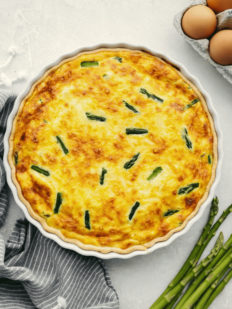 Fully baked asparagus quiche. 
