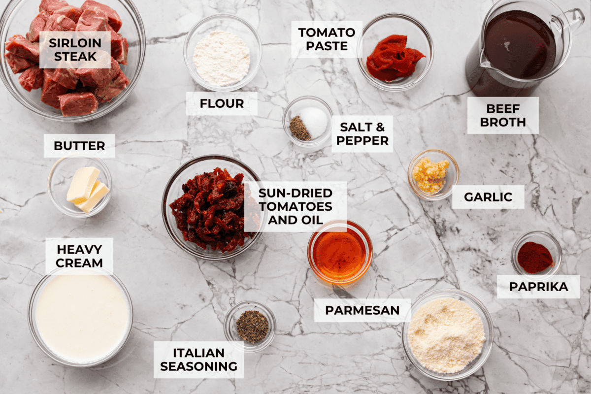 Overhead shot of labeled ingredients. 