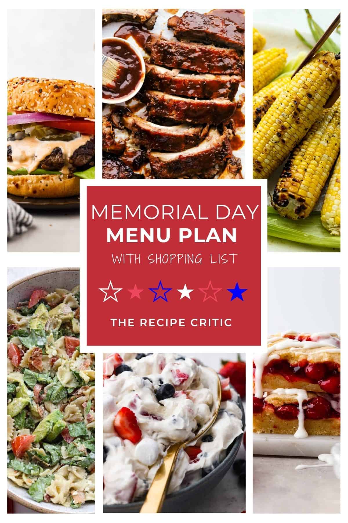 Memorial Day weekend always feels like the start of summer around here. The grill is going, the kids are outside until dark, and everyone is looking for something delicious to bring to the table. This menu plan is full of easy recipes that make the weekend feel a little more special. Collage of all of the hero images from the different recipes from the Memorial day meal plan.