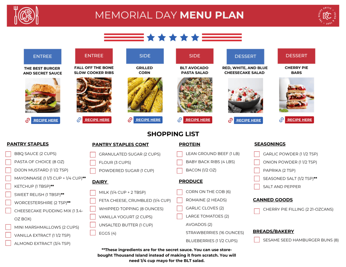 Memorial Day weekend always feels like the start of summer around here. The grill is going, the kids are outside until dark, and everyone is looking for something delicious to bring to the table. This menu plan is full of easy recipes that make the weekend feel a little more special.