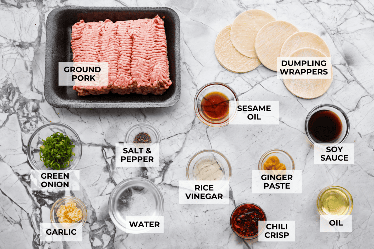 Overhead shot of labeled blanket dumpling ingredients